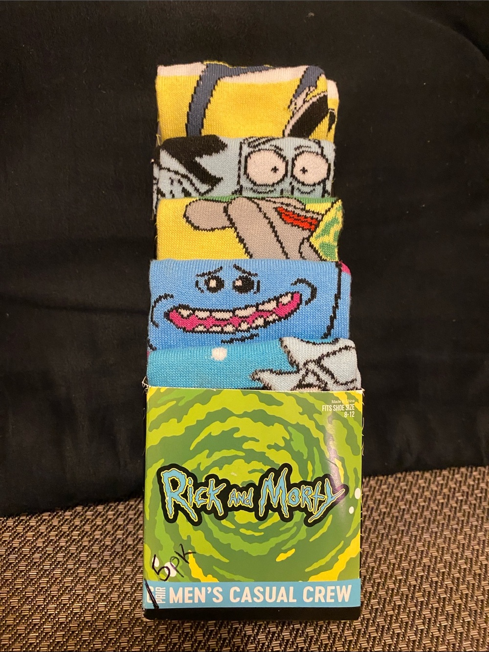 Rick and Morty 5Pk Crew Socks - Blue & Yellow Cartoon Pack (B)